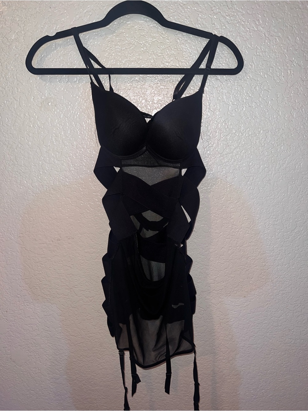 NWOT Black Strappy Mesh Chemise with Underwire Cups